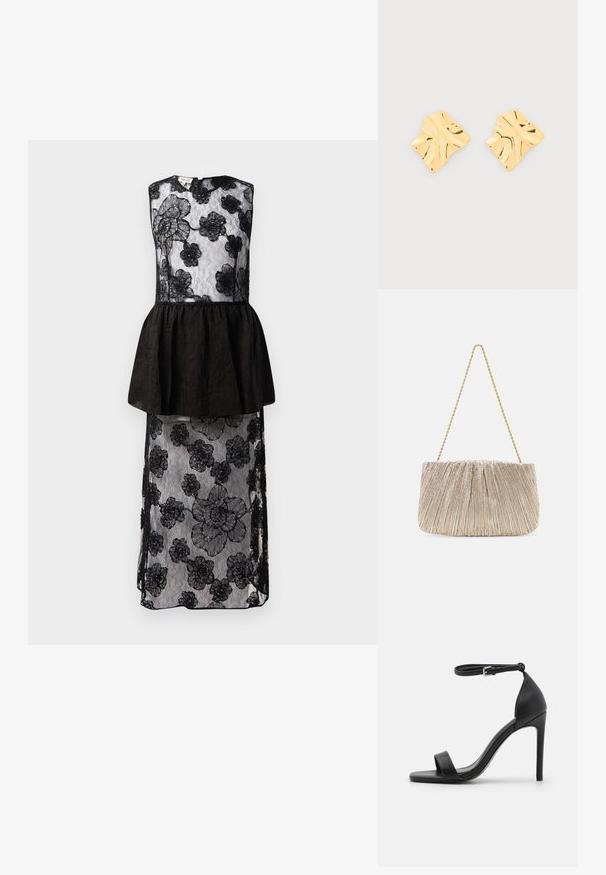Schwarzes Kleid mit einem Spitzenoverlay und Blumenmustern, Taillierung mit Peplum, ärmellosem Design und einem langen, fließenden Silhouette.; Schwarze hochhackige Sandale mit elegantem Design, featuring einem Knöchelriemen, offener Zehenpartie und glattem Lederfinish.; Faltbare metallische Stoffhandtasche mit einem goldenem Kettenriemen, weicher rechteckiger Form, hellbeige Farbe, strukturiertem Oberflächenmaterial und gerafften Details.; Ohrstecker aus goldfarbenem Metall mit unregelmäßigen, wellenförmigen quadratischen Formen und glänzender, strukturierter Oberfläche vor einem schlichten hellen Hintergrund.