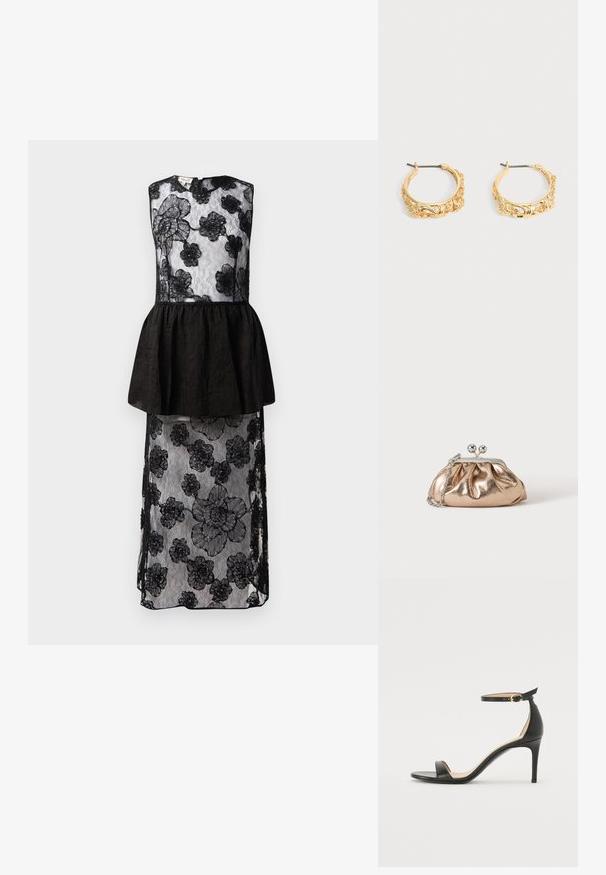Vestido negro con un encaje que presenta patrones florales, cintura peplum, diseño sin mangas y una silueta larga y fluida.; Sándalo de tacón alto de piel negra con tiras en el tobillo. Presenta una textura suave, puntera abierta y un tacón delgado. Detalles de hebilla en tono dorado.; Pequeño bolso clutch metálico dorado con cierre plateado y cadena en un fondo claro y liso.; Par de pendientes de aro en tono dorado con grabados ornamentales de flores y hojas sobre un fondo neutro.