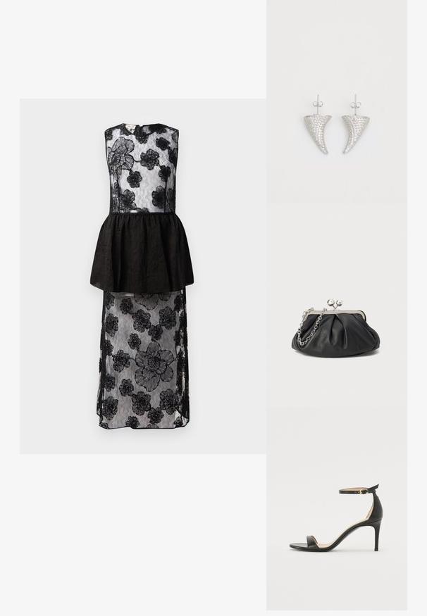 Vestido negro con un encaje que presenta patrones florales, cintura peplum, diseño sin mangas y una silueta larga y fluida.; Sándalo de tacón alto de piel negra con tiras en el tobillo. Presenta una textura suave, puntera abierta y un tacón delgado. Detalles de hebilla en tono dorado.; Clutch de cuero negro con textura arrugada, marco de metal en tono plateado, cierre de beso y cadena para colgar. Superficie suave y lisa.; Pendientes en forma de cuerno plateado, engastados con pequeñas piedras transparentes, que cuentan con un cierre trasero para su sujeción. Textura suave y acabado metálico.