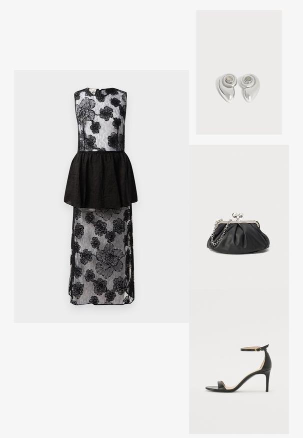 Vestido negro con un encaje que presenta patrones florales, cintura peplum, diseño sin mangas y una silueta larga y fluida.; Sándalo de tacón alto de piel negra con tiras en el tobillo. Presenta una textura suave, puntera abierta y un tacón delgado. Detalles de hebilla en tono dorado.; Clutch de cuero negro con textura arrugada, marco de metal en tono plateado, cierre de beso y cadena para colgar. Superficie suave y lisa.; Par de pendientes metálicos plateados brillantes con un diseño en espiral y una piedra circular en el centro sobre un fondo blanco liso.