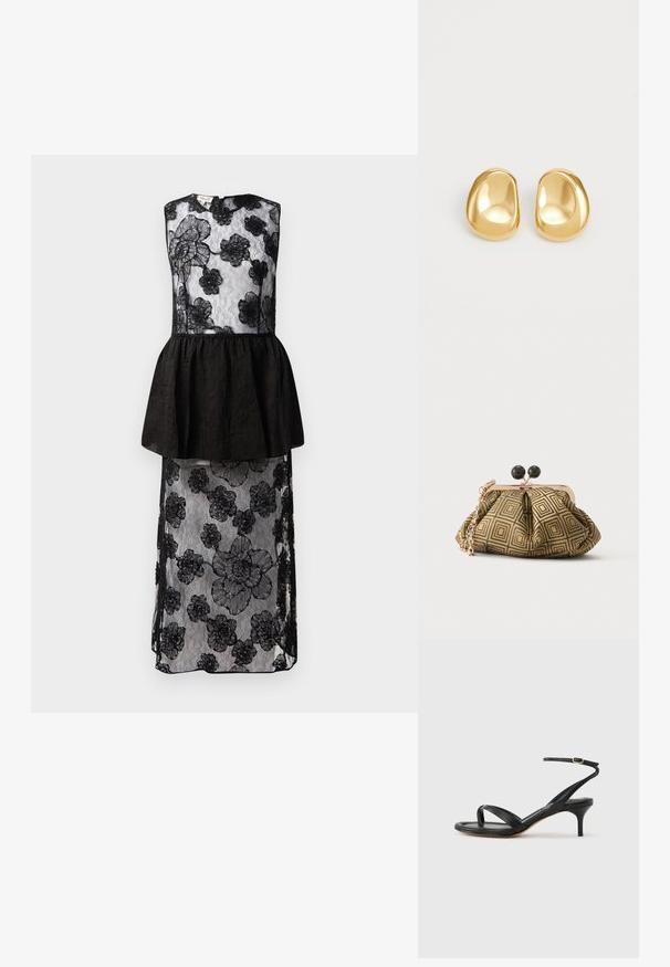 Vestido negro con un encaje que presenta patrones florales, cintura peplum, diseño sin mangas y una silueta larga y fluida.; Sandalia negra de cuero para mujer con tiras finas, un lazo para el dedo del pie, hebilla en el tobillo y tacón de aguja de altura media sobre un fondo neutro.; Pequeño bolso de mano con patrón geométrico en dorado y negro, marco metálico dorado, cierre de bola negro y una corta correa de cadena dorada.; Pendientes de studs en color dorado con una forma suave y redondeada y una superficie reflectante, que exhiben un diseño minimalista y sin patrones visibles.