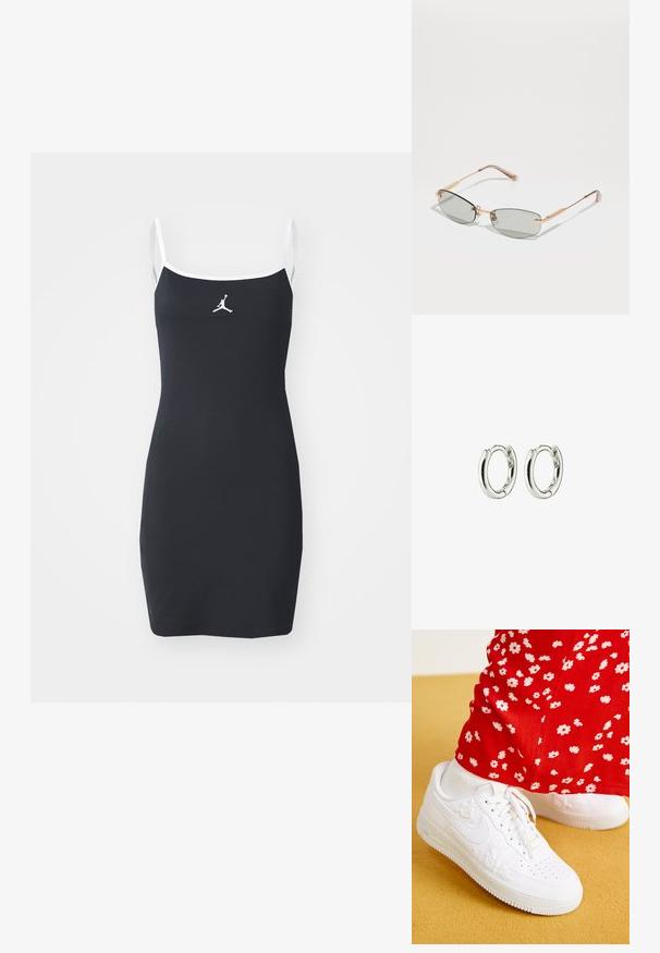 Sort ribbet kjole med hvide stropper og kant. Har et Jumpman-logo på brystet. Tætsiddende silhouette, knælangt design.; Hvide lædersneakers med blomsterprægede detaljer, rund tå og en tekstureret gummisål. Parret med røde bukser med hvidt blomsterprint.; Solbriller med gråtonede linser, tynde guldfarvede metalrammer, forlænget form og lyserøde accentspidser på brillestængerne. Minimalistisk design med subtil branding.; Sølv hoops øreringe med en glat, shiny finish. Rundet form med en sikker lukning. Minimalistisk design med en subtil twist-detalje.