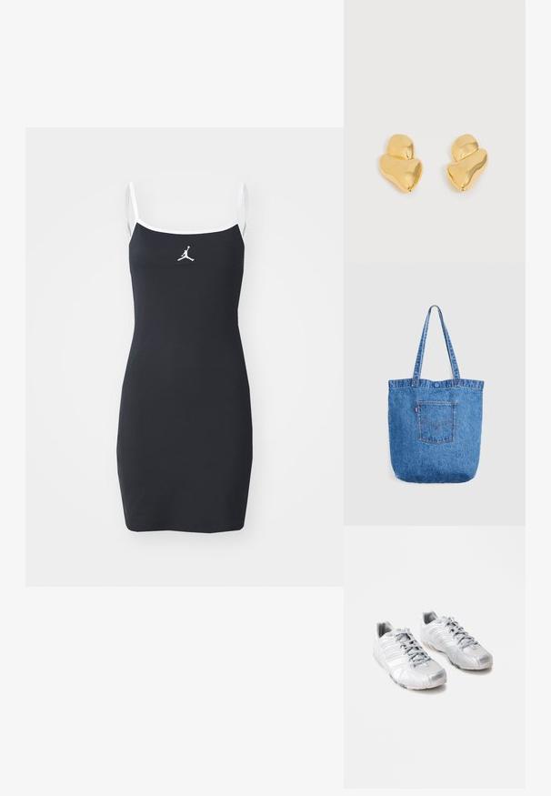 Must mustriba kleit valgete rihmade ja ääredega. Rinnal on Jumpman logo. Keha lähedal lõige, põlvi kattev disain.; Hõbedased spordijalatsid, millel on sile ja läikiv tekstuur; kõver disain; hallid paelad; kummist tallad, millel on haardemustrid; ümar varvas.; Sinine teksakangast käekott pikkade rihmade ja välimise õmmeldud taskuga lihtsal heledal taustal.; Paari ebaregulaarsest abstraktsest kujundist poleeritud kuldseid kõrvarõngaid valgel taustal.