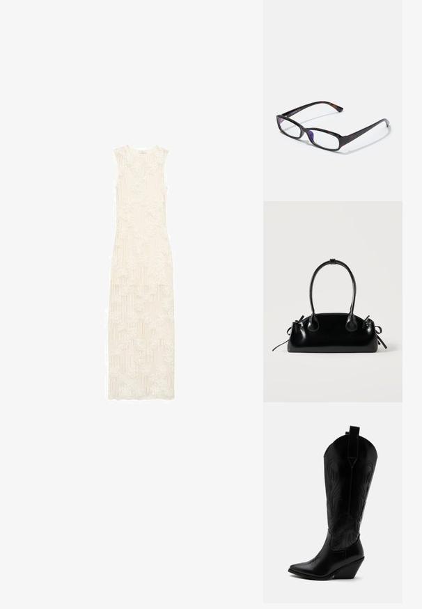 Vestido largo, de color blanco cremoso, con textura acanalada y patrón de encaje floral. Diseño sin mangas, de longitud hasta el suelo, ajuste entallado y escote redondo.; Bota de vaquero de cuero negro con punta puntiaguda, tacón bloqueado inclinado, costuras decorativas y lengüetas en la parte superior sobre fondo blanco.; Gafas rectangulares con un patrón de carey, armazón de plástico negro y lentes transparentes. Presentan patillas delgadas y una ligera curvatura en los extremos.; Pequeño bolso negro brillante con dos asas largas y detalles de cordón lateral sobre un fondo claro liso.
