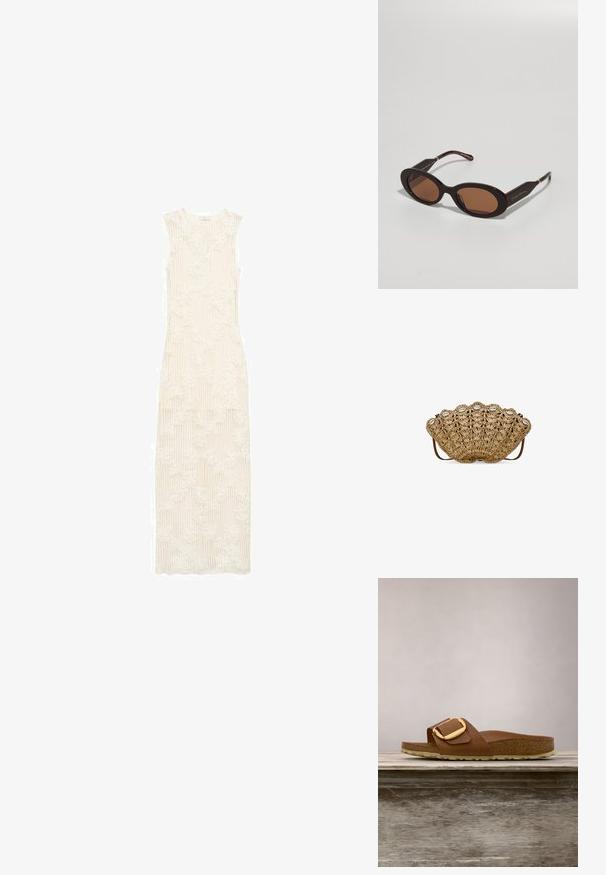Vestido largo, de color blanco cremoso, con textura acanalada y patrón de encaje floral. Diseño sin mangas, de longitud hasta el suelo, ajuste entallado y escote redondo.; Sandalia de cuero marrón con una tira ancha y hebilla en tono dorado. Presenta una plantilla de corcho y una suela de goma texturizada.; Giorgio Armani Gafas de sol - brown; Bolso de paja tejido en forma de concha, de color beige, con un patrón texturizado y acentos decorativos de concha blanca. Correa de cuero ajustable.