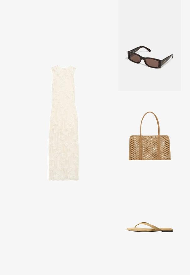 Lange, romige witte jurk met ribbeltextuur en bloemenkantpatroon. Mouwloos ontwerp, lange stijl, getailleerde pasvorm en ronde halslijn.; Beige suède teenslipper met een dunne band en een platte zool, zijaanzicht op een witte achtergrond.; Bruine, schildpad zonnebril met een rechthoekig montuur. Heeft donkere lenzen en het in gouden letters geïngraveerde "vogue" logo op de arm.; Rechthoekige lichtbruine geweven handtas met twee lange, gladde handvatten en een open rasterpatroon over het gehele lichaam van de tas.