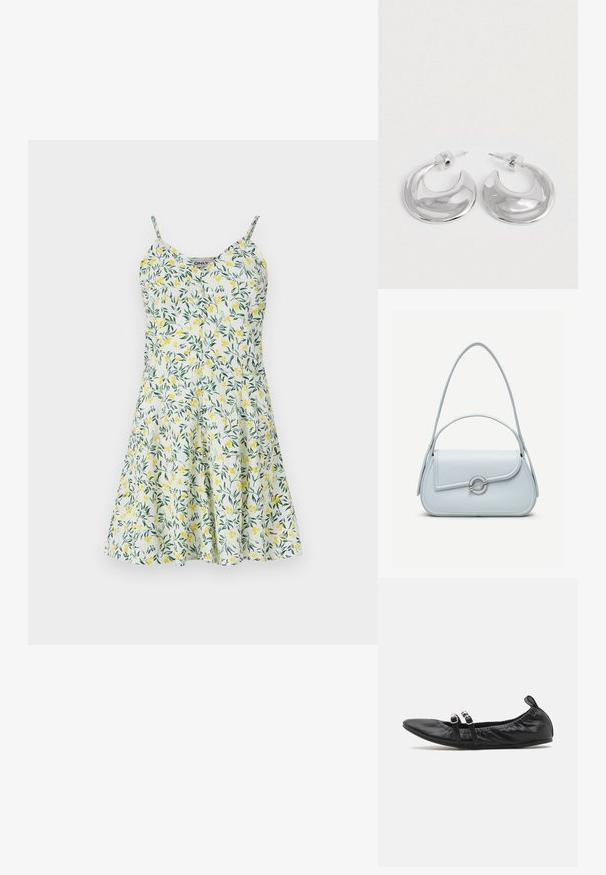 Robe florale avec un motif de feuilles jaunes et vertes sur fond blanc. Dotée de bretelles fines, d'un décolleté en V et d'une jupe évasée. Tissu léger.; Ballerines noires en cuir lisse, avec un bout pointu, un bord froncé et deux attaches décoratives avec des accents circulaires.; Sac à main en cuir bleu clair avec rabat arrondi, fermoir circulaire argenté et deux bretelles d'épaule sur un fond uni.; Une paire de boucles d'oreilles en croissant argenté poli avec des supports en plastique transparent sur une surface blanche.