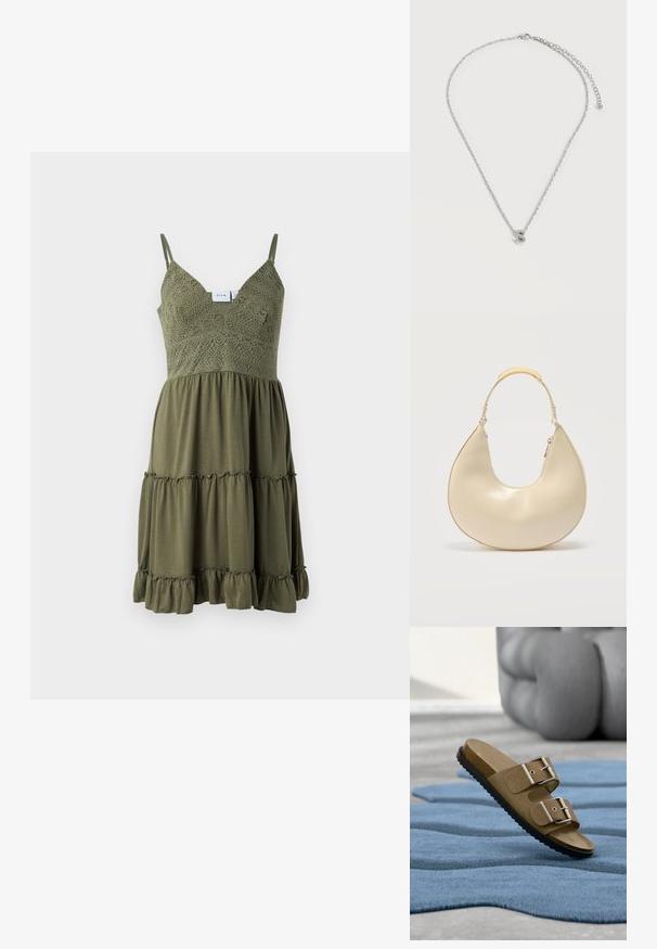Vestido verde oliva con detalles de encaje en el corsé, tirantes ajustables y un dobladillo con volantes en capas, hecho de una tela ligera.; Sandalia de ante marrón con doble hebilla plateada descansando sobre una alfombra azul texturizada, con un gran objeto escultórico gris desenfocado en el fondo.; Bolso de mano color crema en forma de media luna con un asa corta que presenta un detalle metálico dorado y cierre lateral con cremallera.; Collar de cadena de plata con un pequeño colgante en forma de la letra "S" y un cierre ajustable en el extremo.