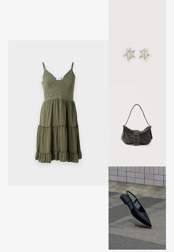 Olivenfarbenes Kleid mit Spitzenverzierungen am Oberteil, verstellbaren Trägern und einem gerafften, gestuften Saum aus leichtem Stoff.; Schwarzer, spitz zulaufender Slingback-Flachschuh, der über einer Asphaltfläche neben einem gefliesten Bürgersteig schwebt.; Schwarze Leder-Schultertasche mit Schnallengurt-Detail, abgerundeten Kanten und kontrastierenden weißen Nähten auf schlichtem Hintergrund.; Silberne, sternförmige Creolen mit einer glatten, polierten Oberfläche auf weißem, schlichtem Hintergrund.