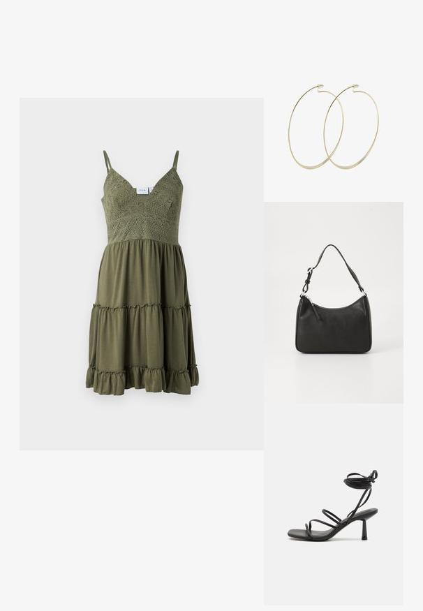Vestido verde oliva con detalles de encaje en el corsé, tirantes ajustables y un dobladillo con volantes en capas, hecho de una tela ligera.; Sandalia negra de tiras con punta cuadrada, lazos ajustables en el tobillo y un tacón bloque delgado. Fabricada con un material suave y duradero.; Bolso de mano de cuero negro con forma curvada, una sola correa, cierre de cremallera y marcas sutiles en la parte frontal. Textura suave, diseño minimalista.; Pilgrim Pendientes - gold-coloured