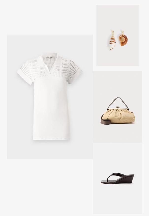 Witte poloshirt met korte mouwen, met een gestructureerd bovenstuk en een gladde onderkant. Ontworpen met een klassieke kraag en een V-hals.; Bruine lakleren sleehaksandaal met teenslipperbandje en open teen, zijaanzicht tegen een effen achtergrond.; Beige stoffen tas met een geplooid ontwerp, bruine leren handgreep en twee ronde metalen sluitingen aan de bovenkant. Inclusief verstelbare bruine riem.; Asymmetrische oorbellen met schelpenhangers, gouden studs met pareltoppen en kleine ingelegde heldere edelstenen op elke schelp.