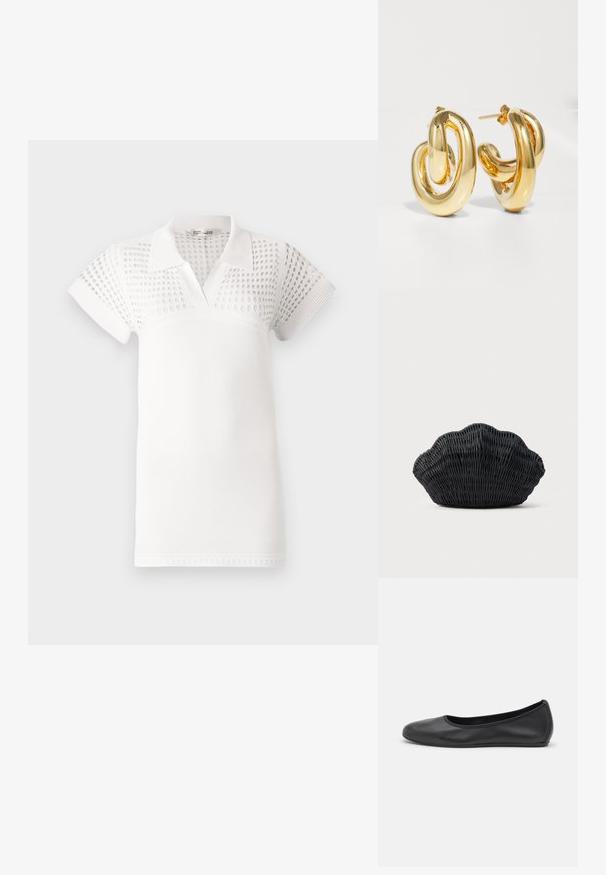 Hvid polo t-shirt med korte ærmer, der har en struktureret øvre del og en glat nederste del. Designet med krave og v-udskæring.; Sort læderballetsko med rund tå, glat tekstur, minimal syning og et fleksibelt såldesign.; Sort flet håndtaske formet som en muslingeskal med en buet top og flettet tekstur på en ensfarvet baggrund.; Charlotte Chesnais BO INITIAL BLOW - Øreringe - gold-coloured