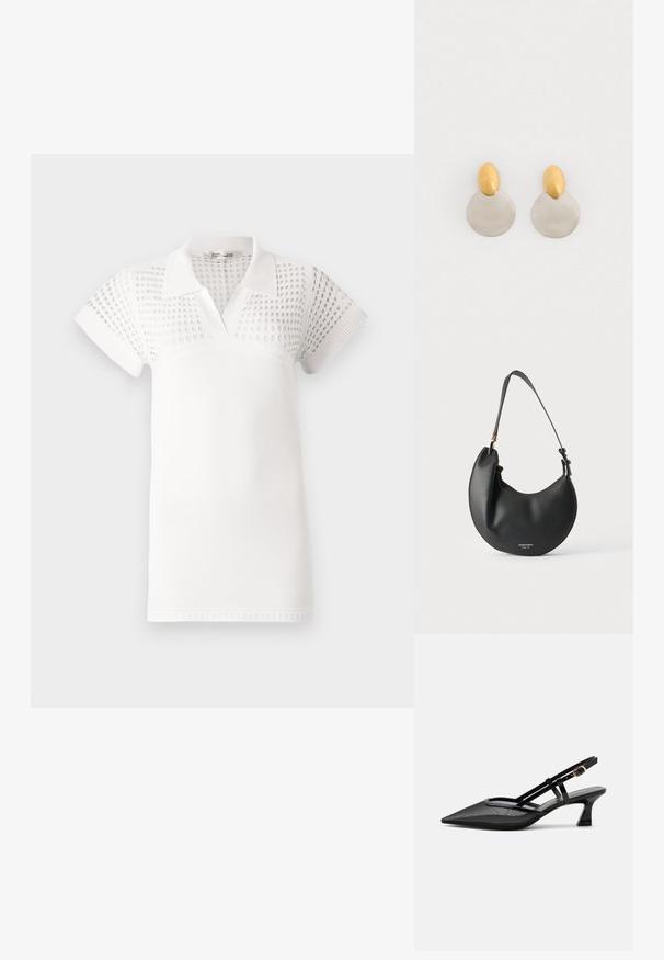 Hvid polo t-shirt med korte ærmer, der har en struktureret øvre del og en glat nederste del. Designet med krave og v-udskæring.; Sort spids tå slingback-sko med mesh-øverdel, tynde stropper, guldlås og lav buet hæl på hvid baggrund.; Sort læder skuldertaske i halvmåneform med justerbar rem og lille hvid logo tekst foran mod en lys baggrund.; Guld- og sølvmetalløreringe med en rund skivebund og et ovalt topstykke, glat tekstur og poleret finish.