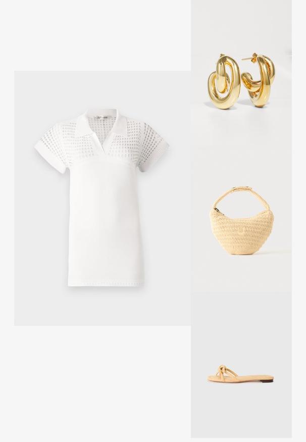 Hvid polo t-shirt med korte ærmer, der har en struktureret øvre del og en glat nederste del. Designet med krave og v-udskæring.; Gul vævet flad sandal med to krydsede stropper, en knyttet detalje fortil og en lav, brun sål.; Beige vævet håndtaske med afrundet krop, lynlås, og en kort, tyk strop i en enkel, tekstureret hæklestil.; Charlotte Chesnais BO INITIAL BLOW - Øreringe - gold-coloured