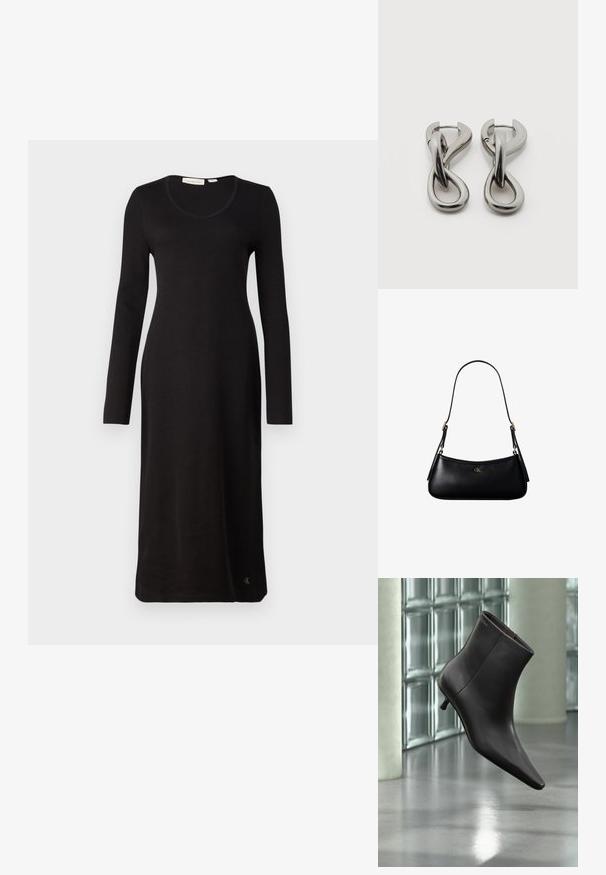 Robe noire à manches longues côtelées avec un décolleté en scoop, coupe droite et un détail de logo à l'ourlet. Fabriquée en tissu doux et texturé.; Bottine en cuir noir avec bout pointu et petit talon, présentée devant un mur en blocs de verre et un sol poli.; Mini sac à bandoulière en cuir noir avec une fine bandoulière et un petit logo CK doré au centre avant.; Paire de boucles d'oreilles en métal argenté avec un motif abstrait d'anneaux entrelacés sur fond blanc.