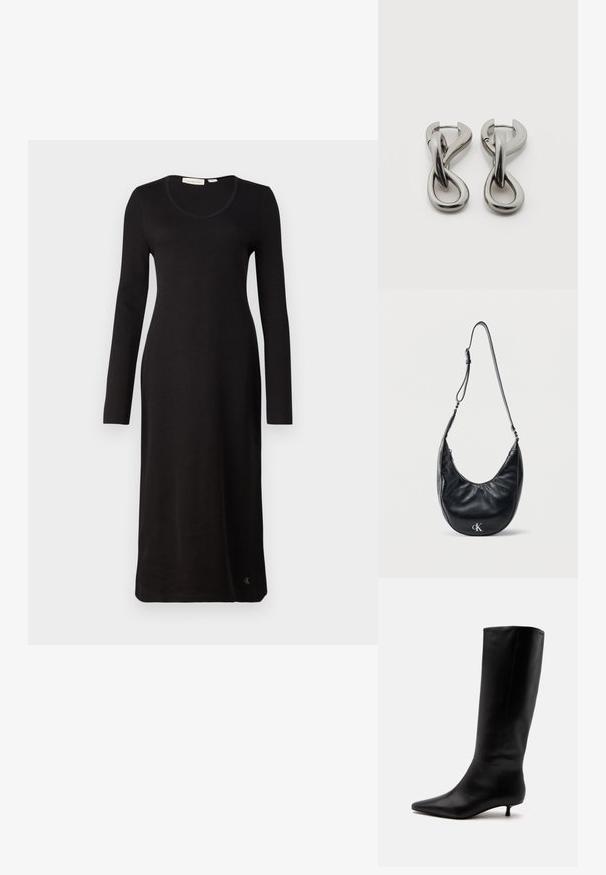 Robe noire à manches longues côtelées avec un décolleté en scoop, coupe droite et un détail de logo à l'ourlet. Fabriquée en tissu doux et texturé.; Botte noire en cuir jusqu'au genou avec bout pointu et petit talon kitten sur un fond clair uni.; Sac à bandoulière en cuir noir en forme de croissant avec une sangle réglable et un logo "cK" argenté sur le devant, sur un fond blanc uni.; Paire de boucles d'oreilles en métal argenté avec un motif abstrait d'anneaux entrelacés sur fond blanc.