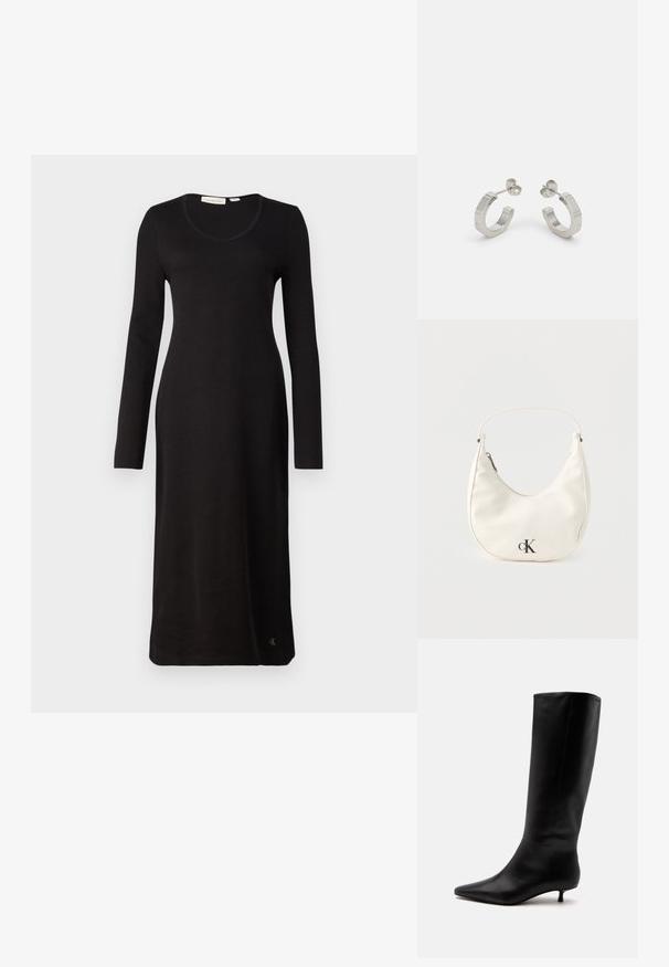 Robe noire à manches longues côtelées avec un décolleté en scoop, coupe droite et un détail de logo à l'ourlet. Fabriquée en tissu doux et texturé.; Botte noire en cuir jusqu'au genou avec bout pointu et petit talon kitten sur un fond clair uni.; Petit sac à main blanc en forme de croissant avec une courte bandoulière, fermeture éclair et logo "cK" noir sur le devant.; Boucles d'oreilles en métal argenté avec un design texturé, dotées d'un petit fermoir et d'une marque sur une des hoops. Forme arrondie avec une finition polie.