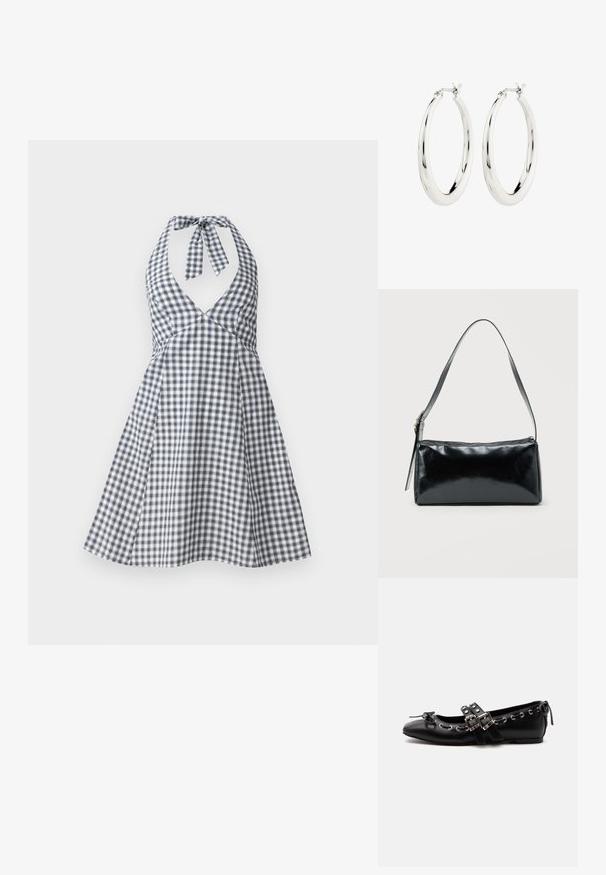 Vestido halter de cuadros en navy y blanco con escote en V profundo y lazo en la espalda. Diseño de falda acampanada con un corsé ajustado y detalles de pinzas.; Zapato de ballet plano negro con correas de doble hebilla, ojales plateados y un pequeño lazo cerca de la puntera redondeada sobre un fondo blanco.; Bolso de hombro rectangular negro con una correa ajustable y un cierre de cremallera superior sobre un fondo liso.; Pendientes de aro de plata con un acabado suave y brillante. Forma circular, con un cierre seguro. Diseño sencillo y elegante.