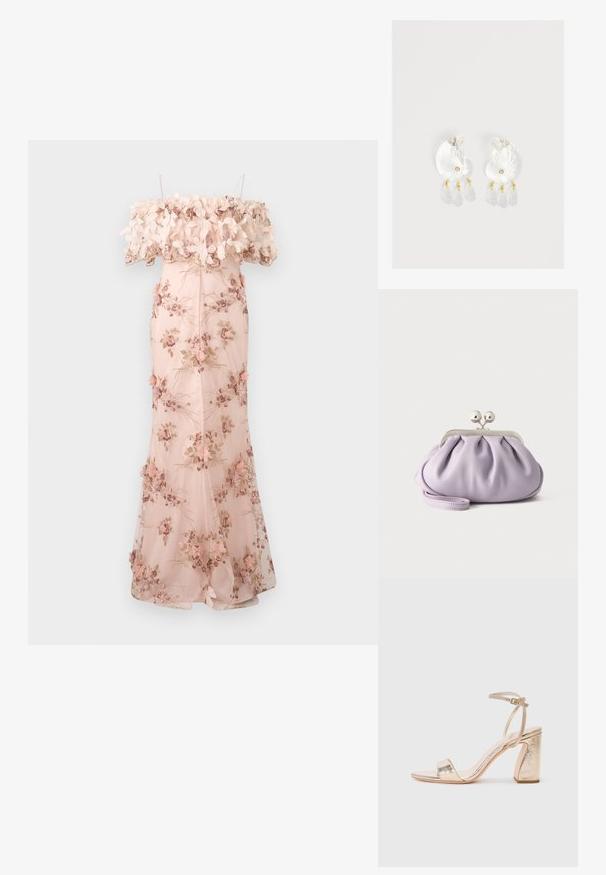 Robe rose claire bustier à épaules dénudées avec broderies florales, appliques de fleurs en 3D au niveau du décolleté, corsage ajusté et jupe fluide longue jusqu’au sol.; La sandale à talons hauts en métal doré présente une large lanière sur les orteils, une lanière de cheville réglable et un talon en block texturé.; Pochette lavande douce avec tissu froncé, fermoir kiss-lock argenté et bracelet assorti sur un fond clair uni.; Boucles d'oreilles en résine transparente en forme de coquillage avec de petits accents dorés et trois breloques translucides en forme de goutte pendantes sur chaque boucle d'oreille.