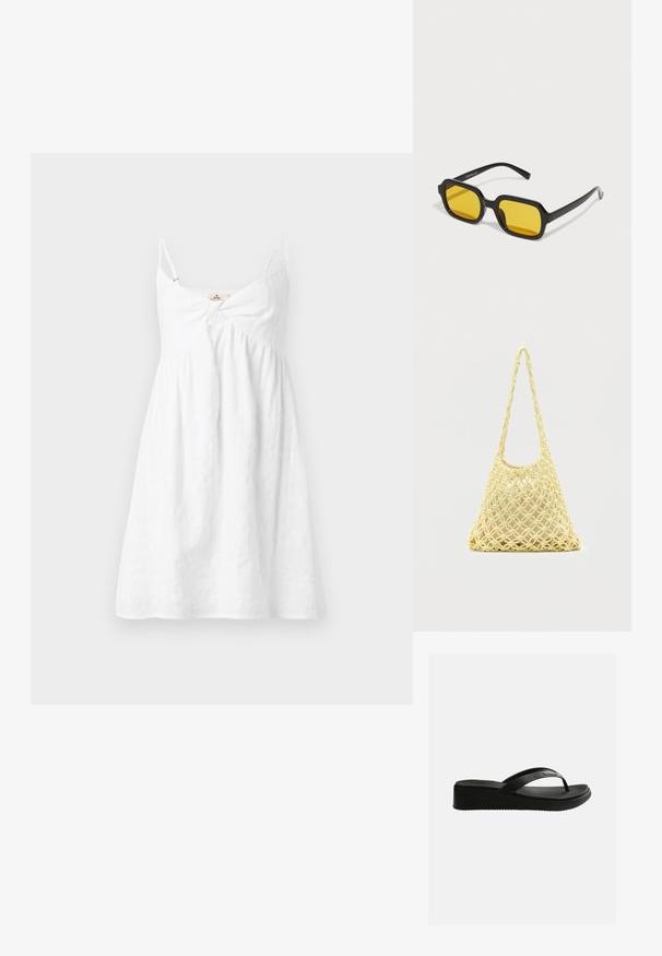 Robe d'été blanche sans manches avec fines bretelles et un détail de nœud froncé à l'avant, réalisée dans un tissu léger texturé.; Sandale tongs compensée noire avec semelle texturée et fines lanières arborant un logo discret sur un fond blanc uni.; Lunettes de soleil rectangulaires noires avec des verres jaunes. Les caractéristiques incluent des montures épaisses et un design anguleux avec une finition lisse et brillante.; Sac en filet macramé jaune avec longue bandoulière et pochette beige à l'intérieur, présenté sur un fond blanc uni.