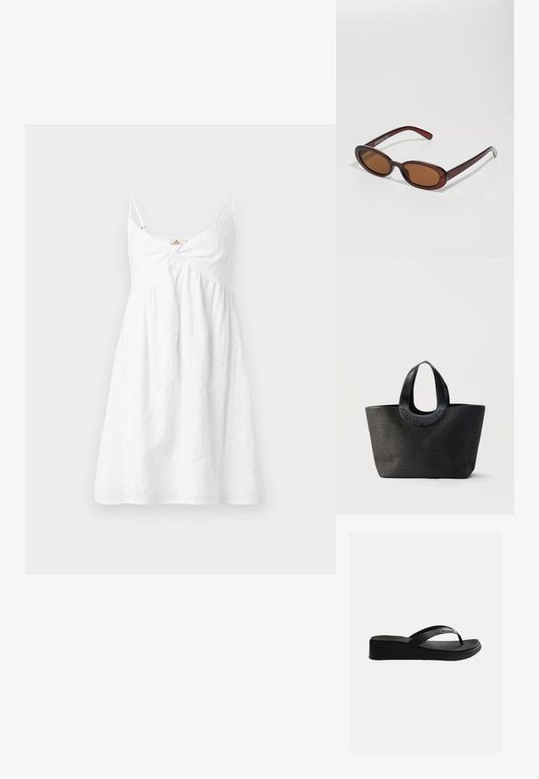 Robe d'été blanche sans manches avec fines bretelles et un détail de nœud froncé à l'avant, réalisée dans un tissu léger texturé.; Sandale tongs compensée noire avec semelle texturée et fines lanières arborant un logo discret sur un fond blanc uni.; Lunettes de soleil rondes teinte brun avec une monture bordeaux brillante. Branches fines avec un détail de marque subtil. Design de verres plats.; Sac cabas noir texturé avec de larges poignées arrondies présentant le nom de la marque embossé "Samsøe Samsøe" sur fond neutre.