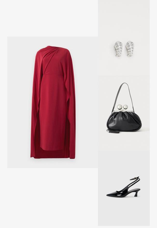 Robe rouge midi avec des détails de tissu drapé et une longue cape assortie se déplaçant d'une épaule, affichée sur un fond blanc.; Escarpins à brides arrière en cuir verni noir, à bout pointu, avec un petit talon carré et une sangle de cheville ajustable dotée d'une boucle dorée.; Sac à main en cuir noir avec un design plissé, une sangle unique, un cadre métallique argenté et deux grandes fermoirs ronds en argent.; Boucles d'oreilles en clip argentées avec un design en spirale, présentant une texture métallique lisse et des formes arrondies. Pas d'embellissements ou de motifs visibles.