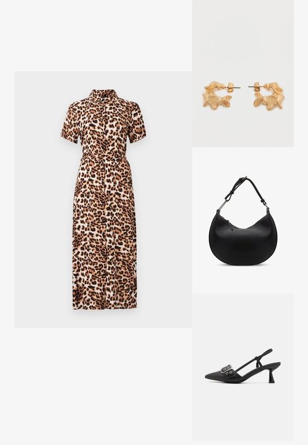 Midi-mekko, jossa on leopardikuvio, lyhyet hihat, kaulus, napit edessä ja vyötäröltä kiristetty malli. Mekko on valmistettu kevyestä kankaasta, jolla on sileä pinta.; Simmi London DALA - Avokkaat - black; Musta, puolikuunmuotoinen, teksturoitu nahkainen käsilaukku, jossa säädettävä hihna ja ylhäällä vetoketjusuljenta valkoisella taustalla.; Kultasävyiset korvakorut, joissa on abstrakti, orgaaninen muoto ja teksturoitu pinta sekä takakiinnityksellä varustettu lukko.