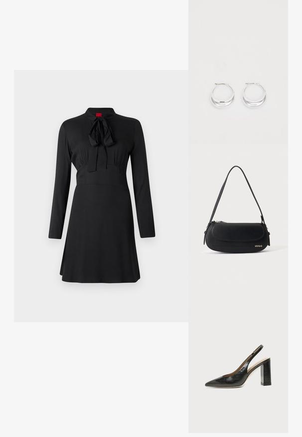 Robe noire à manches longues, col haut et détail de nœud au niveau de l'encolure. Tissu lisse avec un corsage ajusté et une jupe évasée.; Chaussure slingback en cuir noir à bout pointu avec un talon bloc haut et une doublure intérieure beige sur un fond clair uni.; Sac à épaule en cuir noir avec rabat incurvé, logo doré "HUGO" sur le devant, et une bandoulière réglable.; Boucles d'oreilles en argent avec une finition polie et un branding DKNY, présentées sur un fond blanc uni.