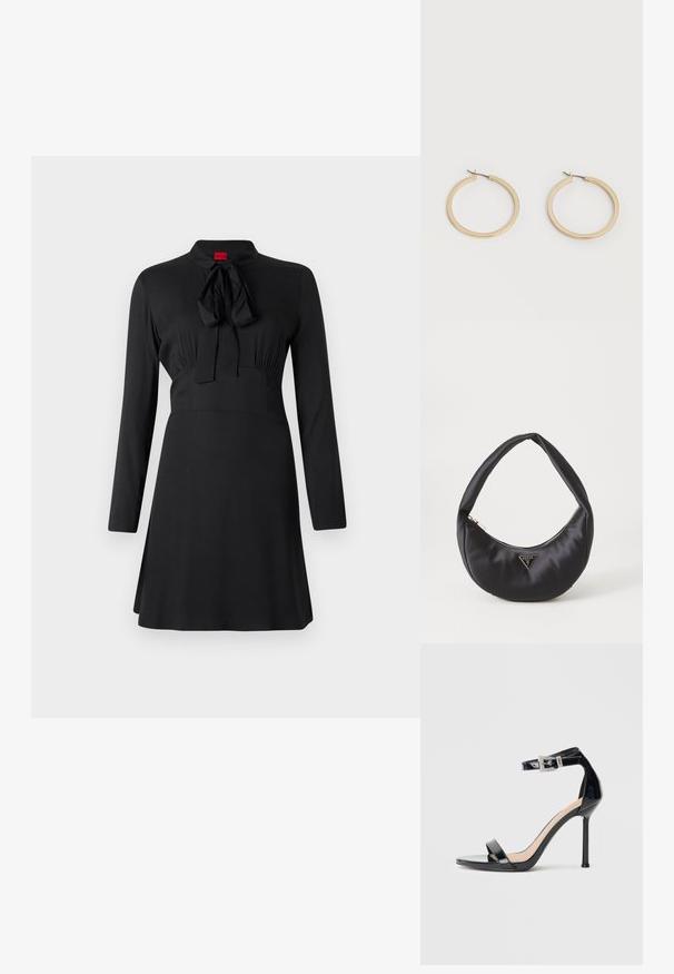 Robe noire à manches longues, col haut et détail de nœud au niveau de l'encolure. Tissu lisse avec un corsage ajusté et une jupe évasée.; Sandale à talon haut en cuir verni noir avec bride à la cheville. Présente un design minimaliste, un bout ouvert et une boucle ornée de strass.; Sac à main en satin noir avec une forme courbée, doté d'une fermeture à glissière et d'un logo triangulaire en métal à l'avant. Texture lisse et design épuré.; Paire de boucles d'oreilles créoles moyennes lisses ton or avec fermoirs à charnière sur fond clair uni.