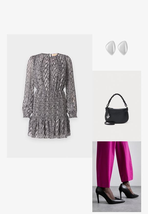 Vestido de estampado de serpiente en gris y negro con mangas largas, una cintura fruncida y un dobladillo con volantes. Presenta un cierre en la espalda con forma de ojo de cerradura.; Zapatos de tacón alto negros con un diseño de punta afilada y textura de cuero suave. Combinados con pantalones ajustados de un brillante color rosa.; Bolso negro texturizado con asa trenzada, cierre de cremallera y colgante de logo plateado sobre un fondo claro y liso.; Pendientes de plata con forma irregular, lisos y con un acabado mate suave, mostrados sobre un fondo blanco liso.