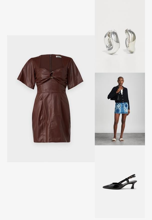 Brun læder mini kjole med firkantet halsudskæring, korte ærmer, forstyret detalje foran og lynlås lukning bagpå.; Sort laklæderslingback med lille hæl, spids tå og justerbar guldlåsrem på hvid baggrund.; Sort striktrøje, hvid top, denimnederdel med blå og sort diamantmønster, sort håndtaske og beige slidesandaler.; Sølvskulpturelle øreringe med glatte, buede former og reflekterende overflader. Har et lukket hoop-design og en markant organisk form.