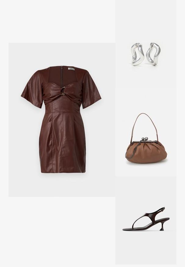Bruin leren minijurkje met een vierkante halslijn, korte mouwen, een twistdetail aan de voorkant en een ritssluiting aan de achterkant.; Donkerbruine lakleren slingbacksandaal met kittenheel en teenbandje op witte achtergrond.; Bruine leren handtas met een geplooid ontwerp, een korte leren handgreep en een kettinghengsel. Voorzien van een zilveren metalen sluiting met twee ronde accenten.; Zilveren oorbellen met een gedraaid ontwerp. Afgeronde randen en een glanzende afwerking. Open sluitingen voor gemakkelijk dragen. Soepele textuur over het geheel.