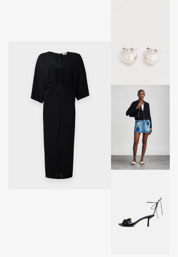 Sort midi-kjole med korte kimono-ærmer, frontbinding, lynlås og en tætsiddende silhuet. Glat stof, minimalistisk design.; Sort åben tå sandaler med høje hæle, ankelrem og blonde detaljer på den forreste rem mod en ensfarvet lys baggrund.; Sort striktrøje, hvid top, denimnederdel med blå og sort diamantmønster, sort håndtaske og beige slidesandaler.; Par af skinnende sølv store øreringe med lukning på bagsiden mod en ensfarvet hvid baggrund.