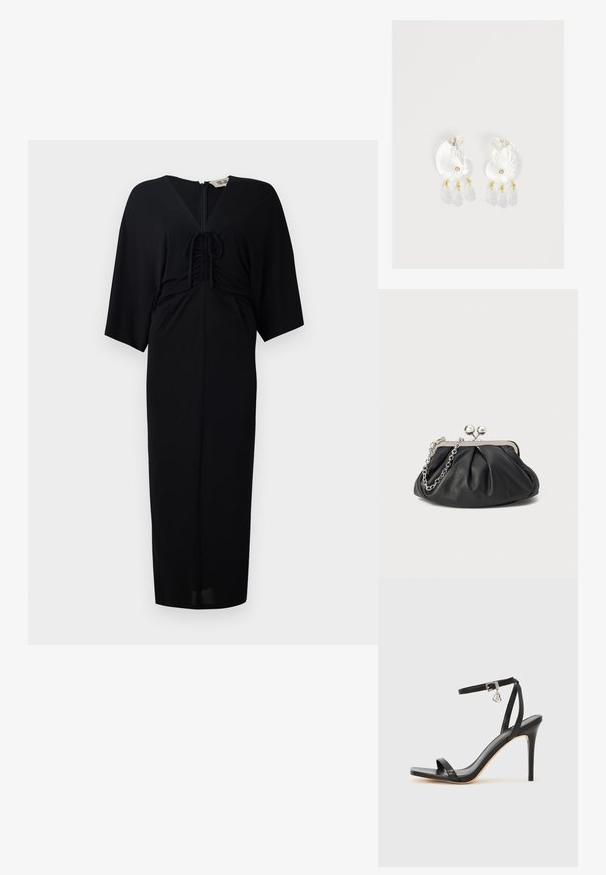 Zwart midi-jurkje met korte kimono-mouwen, voorband met strikdetail, een ritsluiting en een getailleerd silhouet. Glad materiaal, minimalistisch ontwerp.; Zwarte sandaal met hoge hak, smalle enkelband, vierkante neus, soepel leermateriaal en metalen gespsluiting.; Zwarte leren clutch met geplooide textuur, zilverkleurig metalen frame, drukknopsluiting en kettingriem. Glad, zacht oppervlak.; Duidelijke hars oorbellen in schelpvorm met kleine gouden accenten en drie hangende doorschijnende druppelvormige bedels aan elk oorbel.