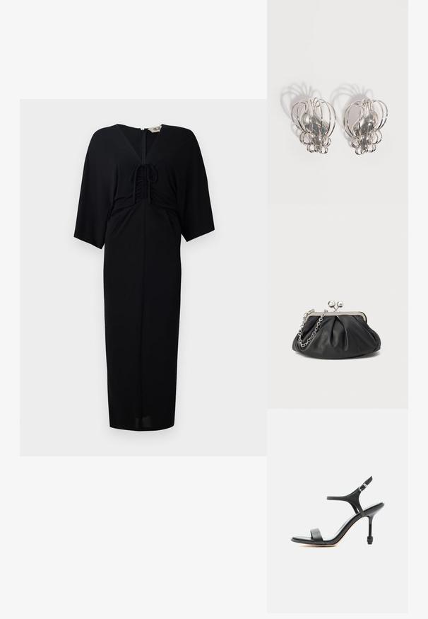 Čierne midi šaty s krátkymi kimono rukávmi, predným viazaním, zipsom a priliehavým strihom. Hladká látka, minimalistický dizajn.; Čierna kožená sandála na vysokom opätku s tenkými remienkami, otvorenou špičkou a nastaviteľnou prackou na členku, zobrazená na jednoduchom bielom pozadí.; Čierna kožená kabelka s vrúbkovou textúrou, strieborným kovovým rámom, uzáverom na pobozkanie a retiazkou na nosenie. Hladký, jemný povrch.; Pár strieborných kovových náušníc s dizajnom otvorenej drôtenej klietky a hladkými centrálnymi oválnymi tvarmi vrhajúcimi zakrivené tiene na bielom pozadí.