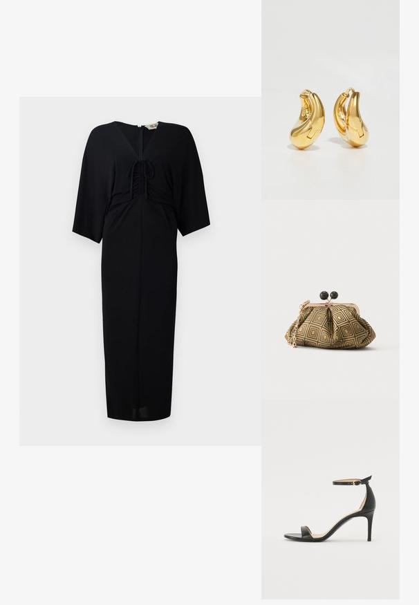 Čierne midi šaty s krátkymi kimono rukávmi, predným viazaním, zipsom a priliehavým strihom. Hladká látka, minimalistický dizajn.; Čierne kožené sandále na vysokom podpätku s popruhom okolo členka. Vlastnosti hladkého povrchu, otvorenej špičky a tenkého podpätku. Detail zlatého spony.; Malá kabelka s geometrickým zlatým a čiernym vzorom, kovovým rámom v zlatom tóne, čiernym zapínaním v tvare guličky a krátkým zlatým retiazkovým remienkom.; Zlaté kruhové náušnice s hladkým, zakriveným tvarom a lesklým povrchom. Majú uzatvárací mechanizmus a jemné prehlbenia pre detail.