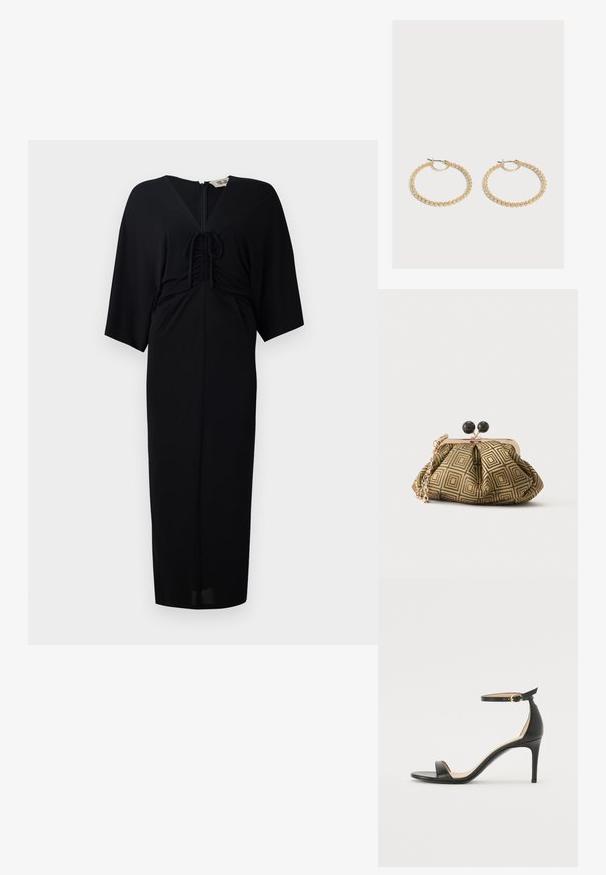 Zwart midi-jurkje met korte kimono-mouwen, voorband met strikdetail, een ritsluiting en een getailleerd silhouet. Glad materiaal, minimalistisch ontwerp.; Zwarte leren hoge hak sandaal met enkelbandje. Heeft een gladde textuur, open teen en een dunne hak. Gouden gesp detail.; Kleine clutch tas met goud-zwart geometrisch patroon, goudkleurig metalen frame, zwarte bolsluiting en een korte gouden kettingband.; Een paar middelgrote gouden oorringen met een getextureerd, kralenontwerp op een effen lichte achtergrond.