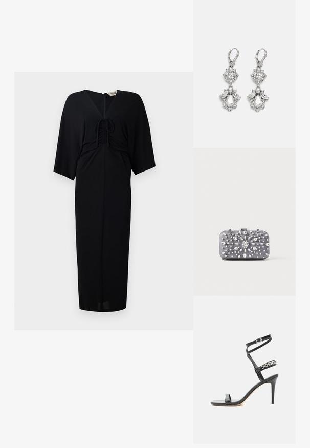 Zwart midi-jurkje met korte kimono-mouwen, voorband met strikdetail, een ritsluiting en een getailleerd silhouet. Glad materiaal, minimalistisch ontwerp.; Zwarte sandaal met hoge hak, smalle enkelband, middenvoetband versierd met zilveren schakels en een open teenontwerp.; Kleine rechthoekige donkergrijze clutch versierd met heldere strass-steentjes in een uitstralend patroon en een zilveren kettingband.; Zilverkleurige oorbellen met meerdere heldere kristalgesteenten in druppel- en marquisevormen, met sluitingen met een leversysteem en ingewikkelde details.