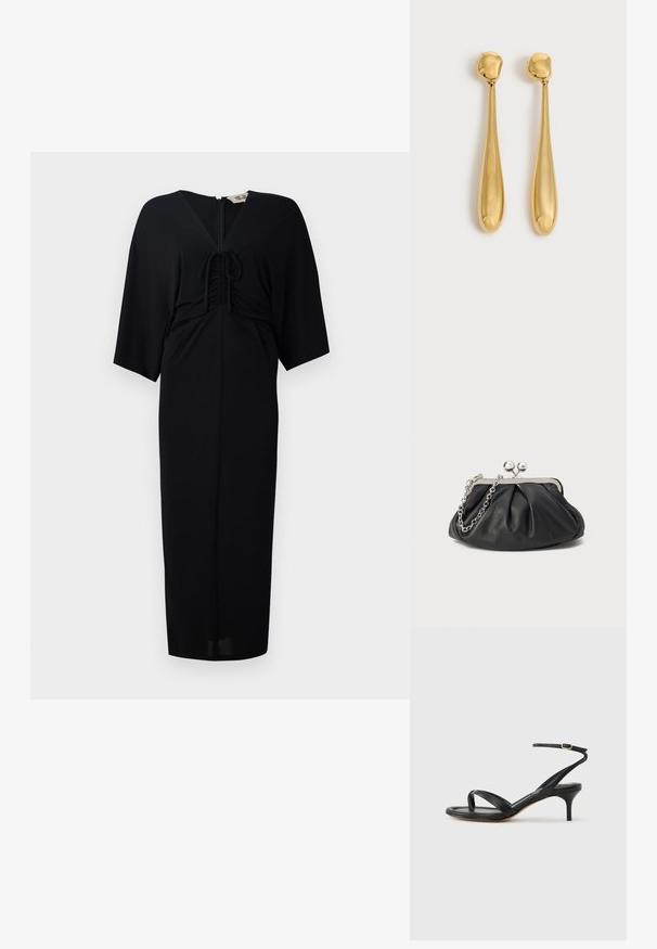 Zwart midi-jurkje met korte kimono-mouwen, voorband met strikdetail, een ritsluiting en een getailleerd silhouet. Glad materiaal, minimalistisch ontwerp.; Zwarte leren dames sandaal met dunne bandjes, een teengreep, een enkelgesp en een stilettohak van gemiddelde hoogte op een neutrale achtergrond.; Zwarte leren clutch met geplooide textuur, zilverkleurig metalen frame, drukknopsluiting en kettingriem. Glad, zacht oppervlak.; Een paar lange, gladde, glanzende gouden druppelvormige oorbellen met afgeronde toppen en taps toelopende druppelvormen op een lichte achtergrond.