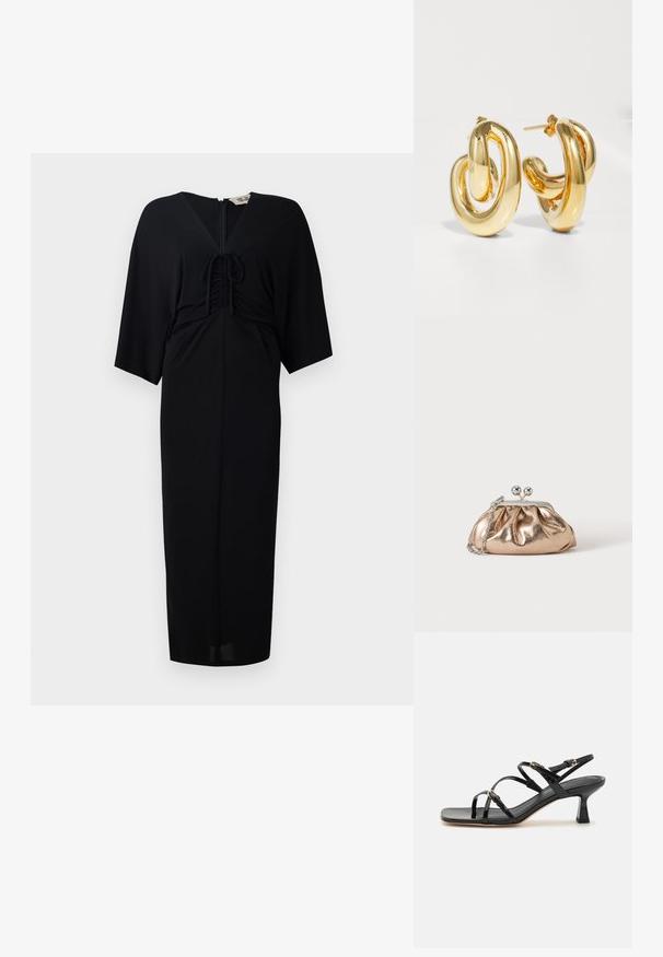 Čierne midi šaty s krátkymi kimono rukávmi, predným viazaním, zipsom a priliehavým strihom. Hladká látka, minimalistický dizajn.; Čierne lakované sandále na podpätku s hranatou špičkou a nízkym blokovým podpätkom. Obsahujú kovanie v zlatej farbe a nastaviteľné remienky na členkoch.; Malá zlatá kovová kabelka so strieborným zapínaním a retiazkovým remienkom na jednoliatom svetlom pozadí.; Charlotte Chesnais BO INITIAL BLOW - Náušnice - gold-coloured