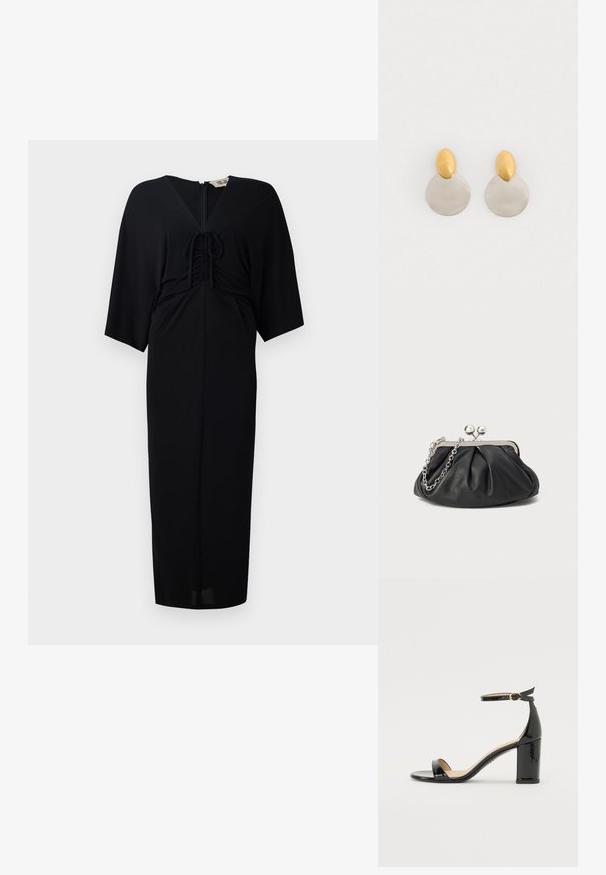 Zwart midi-jurkje met korte kimono-mouwen, voorband met strikdetail, een ritsluiting en een getailleerd silhouet. Glad materiaal, minimalistisch ontwerp.; Zwarte lakleren sandalen met hoge hak, enkelriem en gouden gesp, open teen en blokhak op witte achtergrond.; Zwarte leren clutch met geplooide textuur, zilverkleurig metalen frame, drukknopsluiting en kettingriem. Glad, zacht oppervlak.; Gouden en zilveren metalen oorbellen met een ronde schijfbasis en een ovale bovenstuk, gladde textuur en gepolijste afwerking.