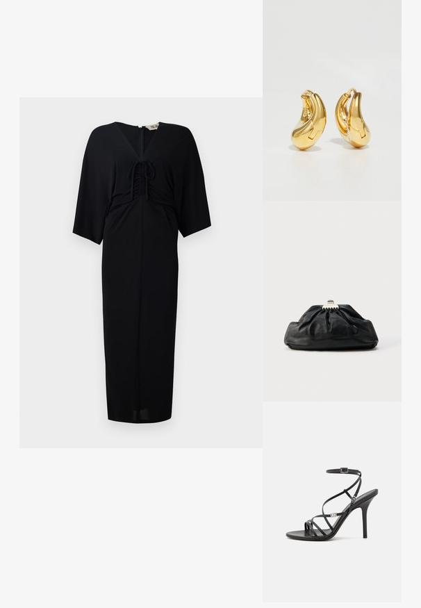 Sort midi-kjole med korte kimono-ærmer, frontbinding, lynlås og en tætsiddende silhuet. Glat stof, minimalistisk design.; Sort højhælet sandal med tynde stropper, en ankelspænde, en glat læderoverflade og en slank stilethæl.; Sort læderclutch med en samlet tekstur, metal lukning og diskret præget logo på forsiden. Rundet form.; Guldringeøreringe med en glat, buet form og poleret overflade. Udstyret med en lukkeanordning og lette fordybninger for detaljer.