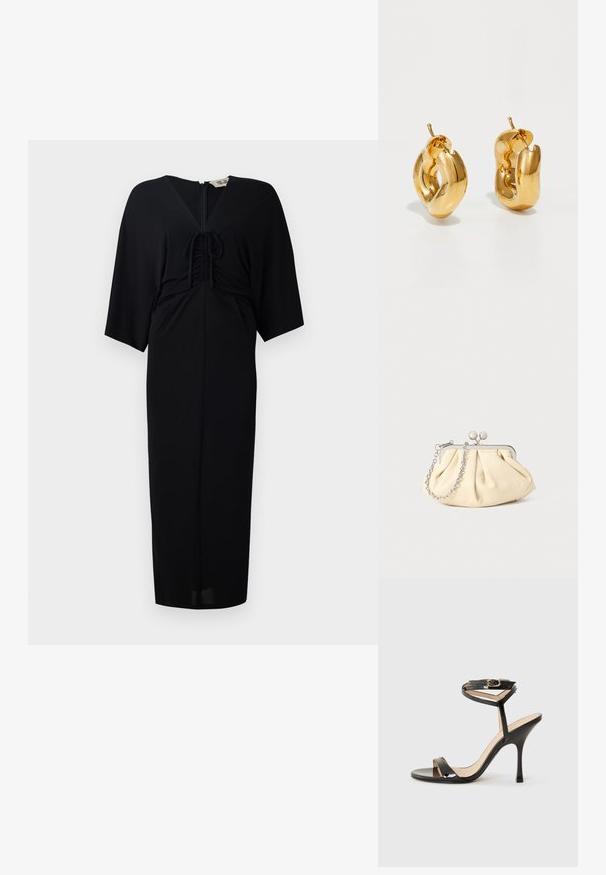Čierne midi šaty s krátkymi kimono rukávmi, predným viazaním, zipsom a priliehavým strihom. Hladká látka, minimalistický dizajn.; Čierne lakované sandále na vysokom opätku s tenkým remienkom na členku a prackou, otvorenou špičkou a štíhlym stiletto opätkom na bielom pozadí.; Zhlý béžový kožený klobúk so strieborným kovovým rámom, ktorý má dve okrúhle dekoratívne zámky a strieborný reťazový popruh.; Masívne zlaté kruhové náušnice s jemne skrúteným, rúrkovým dizajnom a uzávermi na zadnej strane na bielom pozadí.