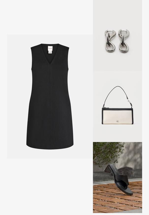 Robe noire sans manches avec un col en V, coupe droite et couture centrale visible, avec une petite étiquette de marque blanche à l'intérieur de l'encolure.; Sandale à talon noire Calvin Klein avec boucle pour l’orteil, posée sur un sol en carreaux de bois en extérieur, près d’un arbre et d’un mur en pierre.; Pochette rectangulaire crème avec bordure et poignée noires, ornée d'un petit logo "cK" argenté au centre devant.; Paire de boucles d'oreilles en métal argenté avec un motif abstrait d'anneaux entrelacés sur fond blanc.