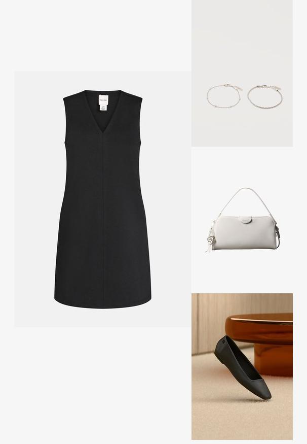 Robe noire sans manches avec un col en V, coupe droite et couture centrale visible, avec une petite étiquette de marque blanche à l'intérieur de l'encolure.; Chaussure plate noire à bout pointu reposant sur un tapis beige près d'une table ronde de couleur ambre dans un décor minimaliste.; Sac à main rectangulaire blanc Calvin Klein avec une seule poignée, design minimaliste et pampilles décoratives avec un charm métallique géométrique sur le côté.; Deux délicats bracelets en argent côte à côte, l'un avec de petites perles et l'autre avec une fine chaîne tissée, tous deux munis de fermoirs mousquetons et d'étiquettes.
