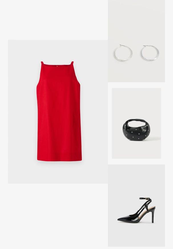 Robe sans manches rouge avec une coupe droite, réalisée en tissu lisse. Comprend de fines bretelles et un détail de couture subtil au dos.; Escarpin en cuir verni noir à talon haut, avec un bout pointu, une bride réglable à la cheville et des côtés ouverts. Texture lisse.; Sac à main en cuir noir de forme arrondie, décoré de clous argentés et équipé d'une poignée courte. Texture lisse et fermeture éclair.; Boucles d’oreilles créoles en métal argenté avec une surface lisse légèrement incurvée et des fermoirs à clapet sur un fond blanc uni.