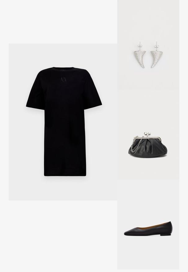 Camiseta negra de cuello redondo con mangas cortas, que presenta un detalle de logo en el pecho. Fabricada con una tela suave y con un corte relajado.; Zapato plano de punta puntiaguda de cuero negro con tacón bajo y acabado liso, mostrado de perfil sobre un fondo gris claro.; Clutch de cuero negro con textura arrugada, marco de metal en tono plateado, cierre de beso y cadena para colgar. Superficie suave y lisa.; Pendientes en forma de cuerno plateado, engastados con pequeñas piedras transparentes, que cuentan con un cierre trasero para su sujeción. Textura suave y acabado metálico.