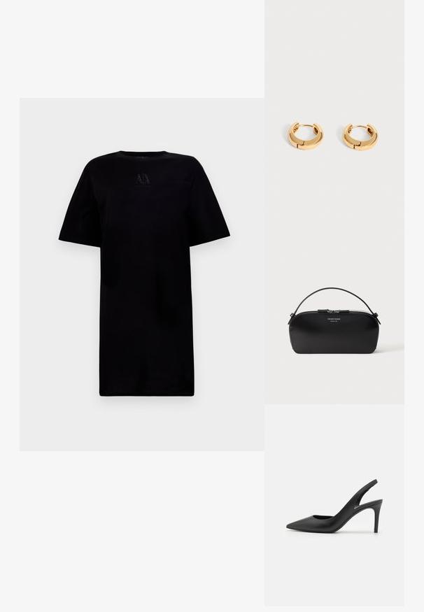 T-shirt noir à col rond et manches courtes, avec un détail de logo sur la poitrine. Fabriqué en tissu doux avec une coupe décontractée.; Escarpins à talon aiguille en cuir noir, avec un design à bout pointu, présentant une découpure à l'avant et un talon fin.; Petit sac bracelet en cuir noir avec fermeture éclair argentée et poignée courte, logo Emporio Armani Milano 1981 embossé sur le devant.; Paire de petites boucles d’oreilles créoles épaisses en or avec une finition lisse et brillante sur un fond clair uni.