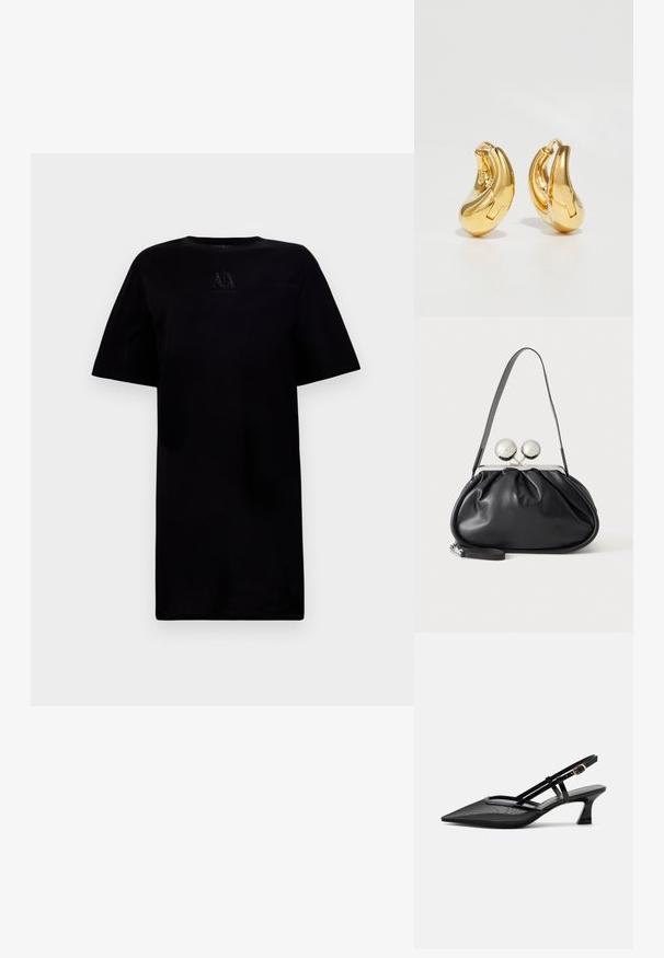 Sort T-shirt med rund hals og korte ærmer, med et logo på brystet. Lavet af blødt stof med en afslappet pasform.; Sort spids tå slingback-sko med mesh-øverdel, tynde stropper, guldlås og lav buet hæl på hvid baggrund.; Sort læderhåndtaske med opsamlet design, en enkelt rem, sølv metalramme og to store runde sølv lukninger.; Guldringeøreringe med en glat, buet form og poleret overflade. Udstyret med en lukkeanordning og lette fordybninger for detaljer.