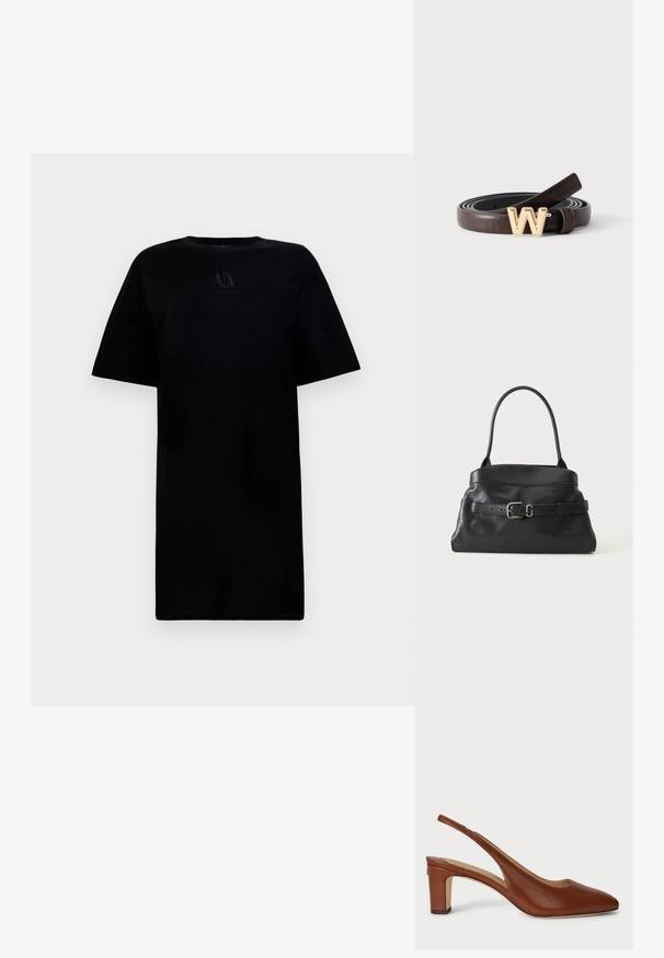 Camiseta negra de cuello redondo con mangas cortas, que presenta un detalle de logo en el pecho. Fabricada con una tela suave y con un corte relajado.; Zapato de piel marrón tipo slingback con punta afilada, tacón bajo y laterales abiertos, que presenta una textura suave y un diseño minimalista.; Bolso de cuero negro con una sola correa para el hombro y un cinturón decorativo con una hebilla plateada en la parte delantera.; Cinturón de cuero marrón oscuro enrollado con una hebilla dorada en forma de la letra W sobre un fondo liso y claro.